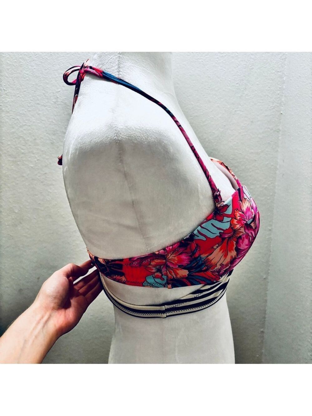 New Xhilaration Floral Striped Push-Up Bikini Top M Pink Black White Teal - Picture 11 of 12